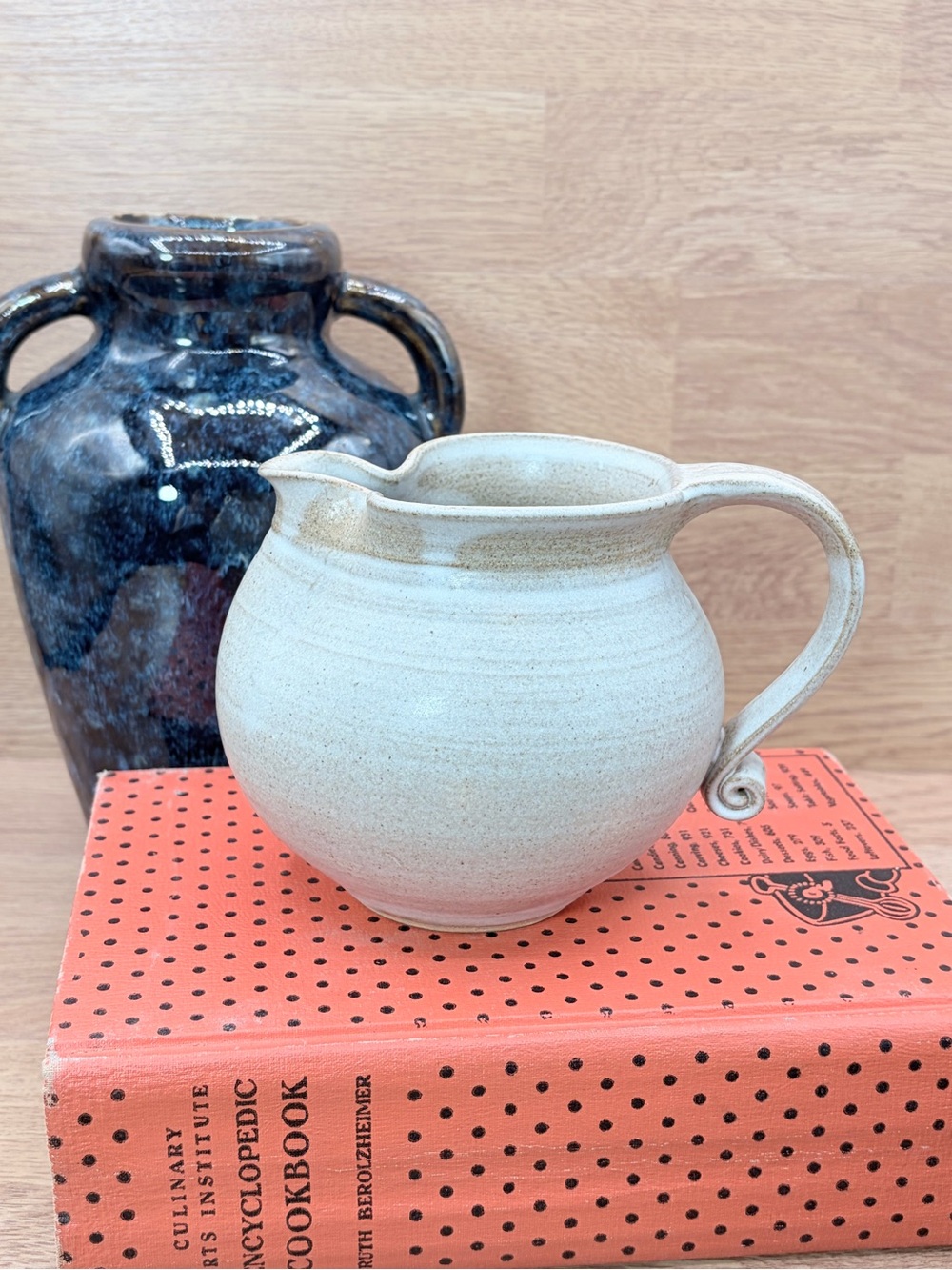 Vintage 1980’ Studio Pottery Pinched Spout Pitcher Oatmeal Glaze Signed 24 fl oz